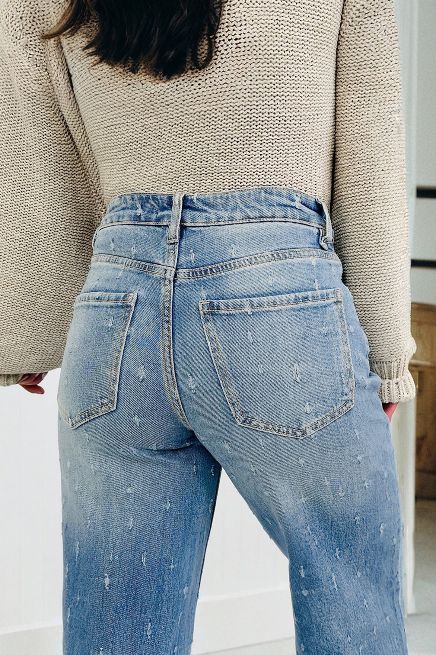 Mist Blue Distressed Detail Tummy Control Raw Hem Jeans - Cowaa