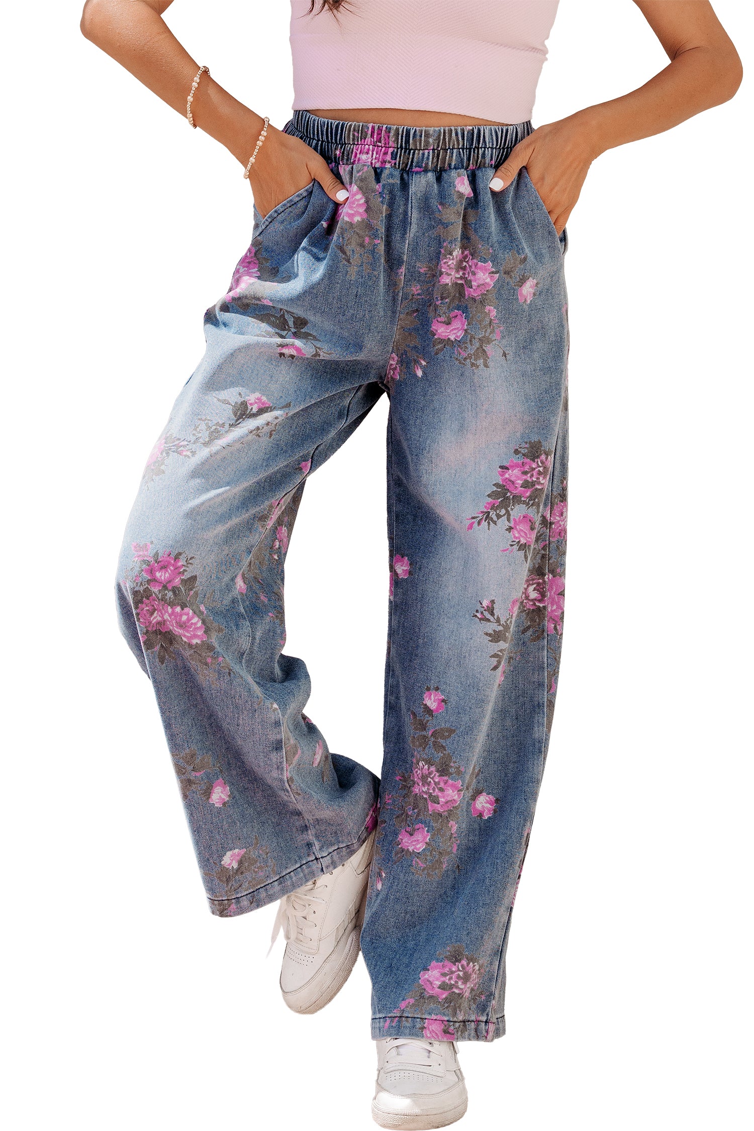Beau Blue Floral Print Elastic Waist Pull On Casual Jeans - Cowaa