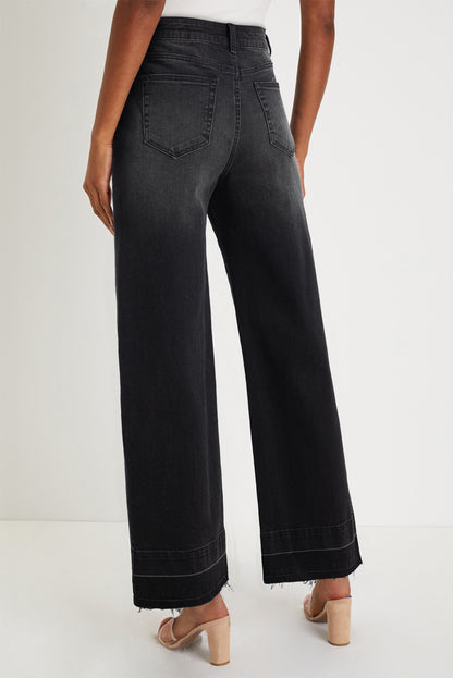 Black Raw Hem Unique Cuffs Straight High Rise Loose Jeans - Cowaa