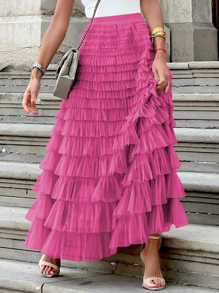 Mesh Flared Layered Hem Midi Skirt High Waist Pleated A Line - Cowaa