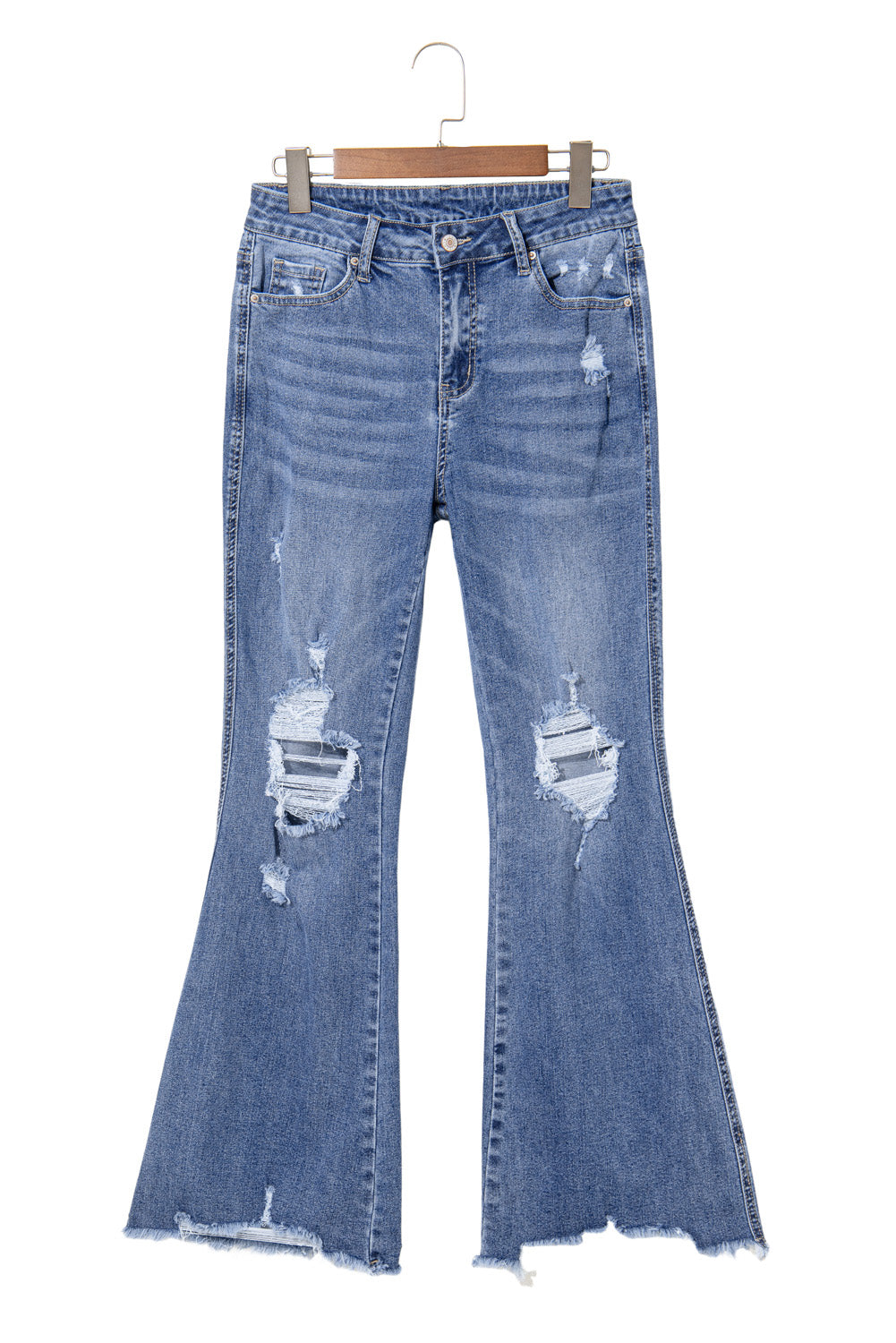 Dusk Blue High Rise Ripped Distressed Hem Flared Jeans - Cowaa