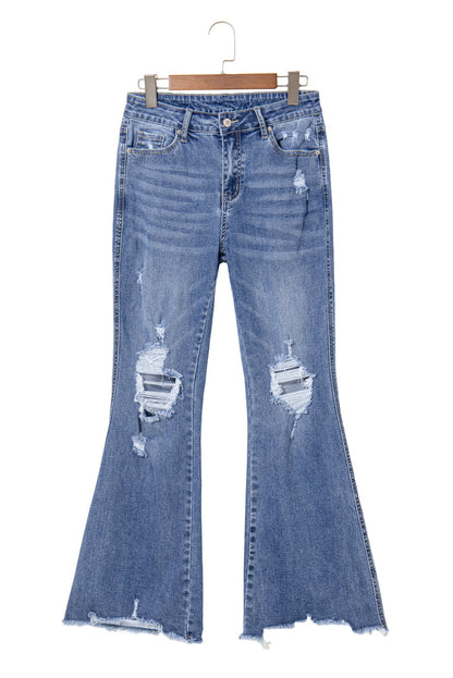 Dusk Blue High Rise Ripped Distressed Hem Flared Jeans - Cowaa