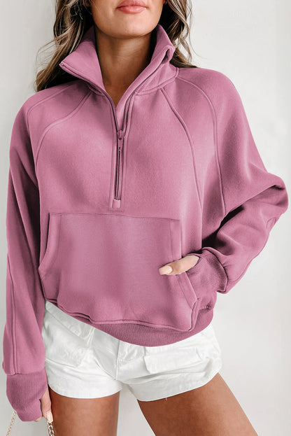 Brown Zip Up Stand Collar Thumbhole Sleeve Sweatshirt - Cowaa