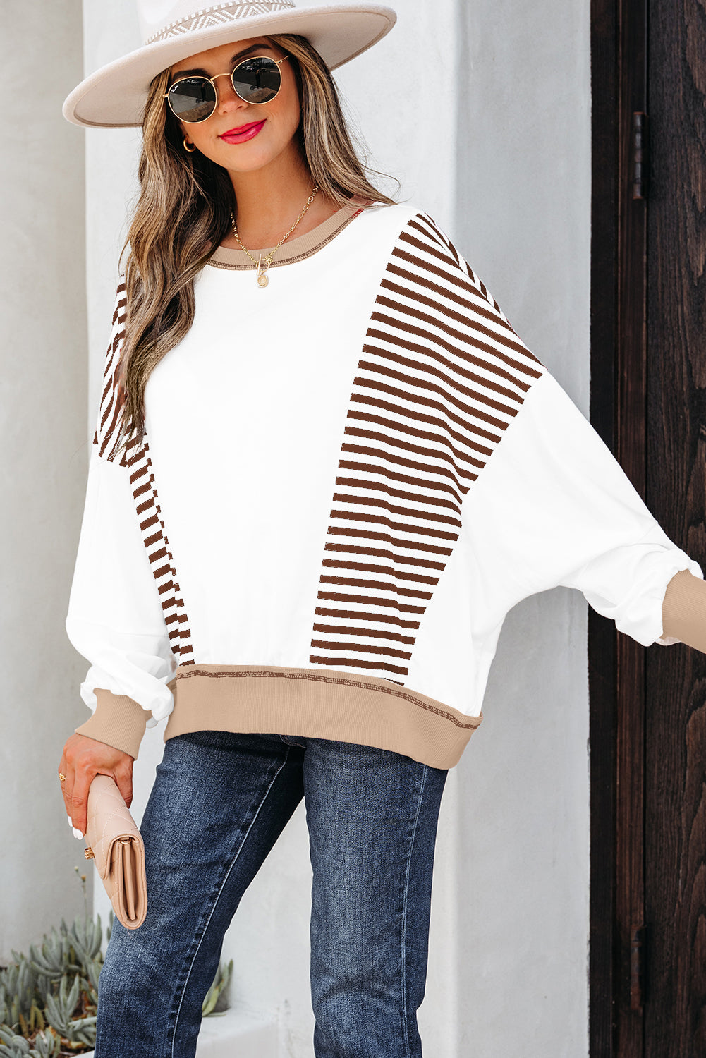 Brown Stripe Colorblock Patchwork Contrast Stitching Oversize Sweatshirt - Cowaa