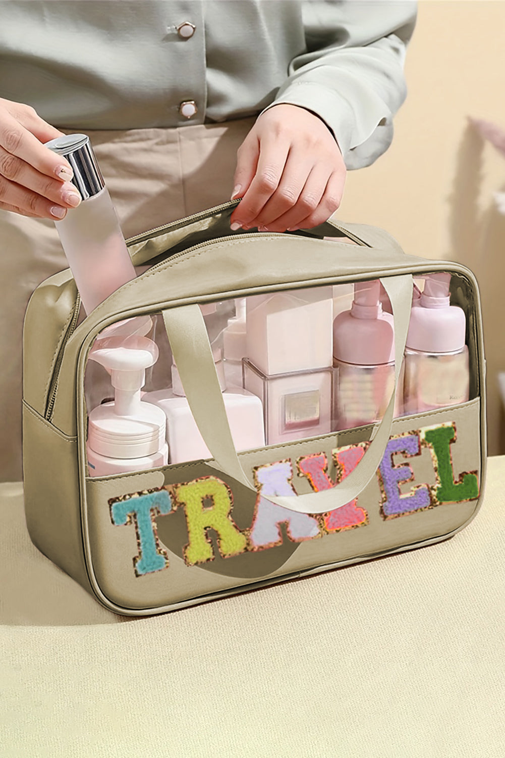 Travel Chenille Letter Clear PVC Makeup Bag - Cowaa
