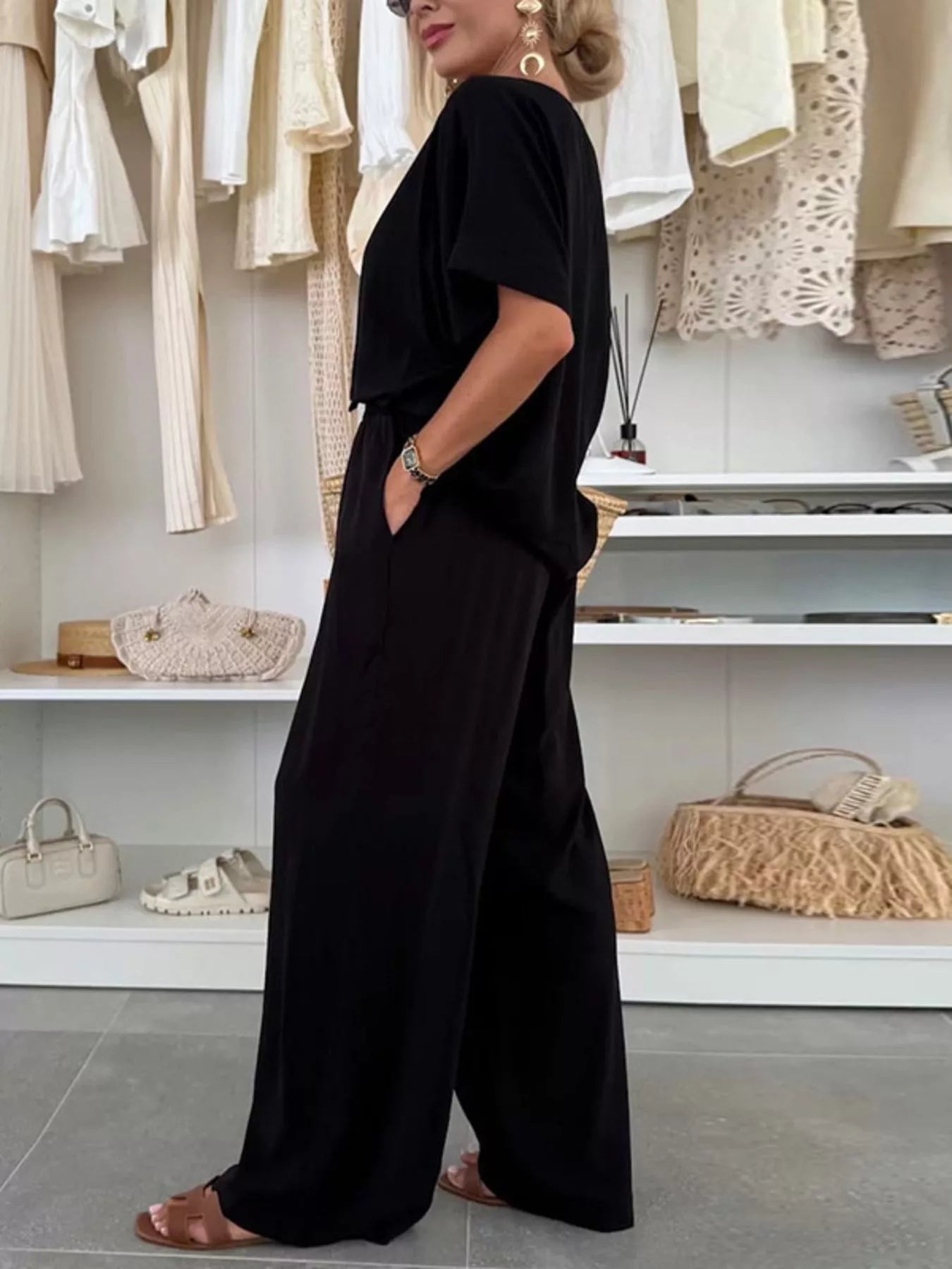 Full Size Casual Loose Round Neck Top and Pants Two-Piece Set Plus Size.