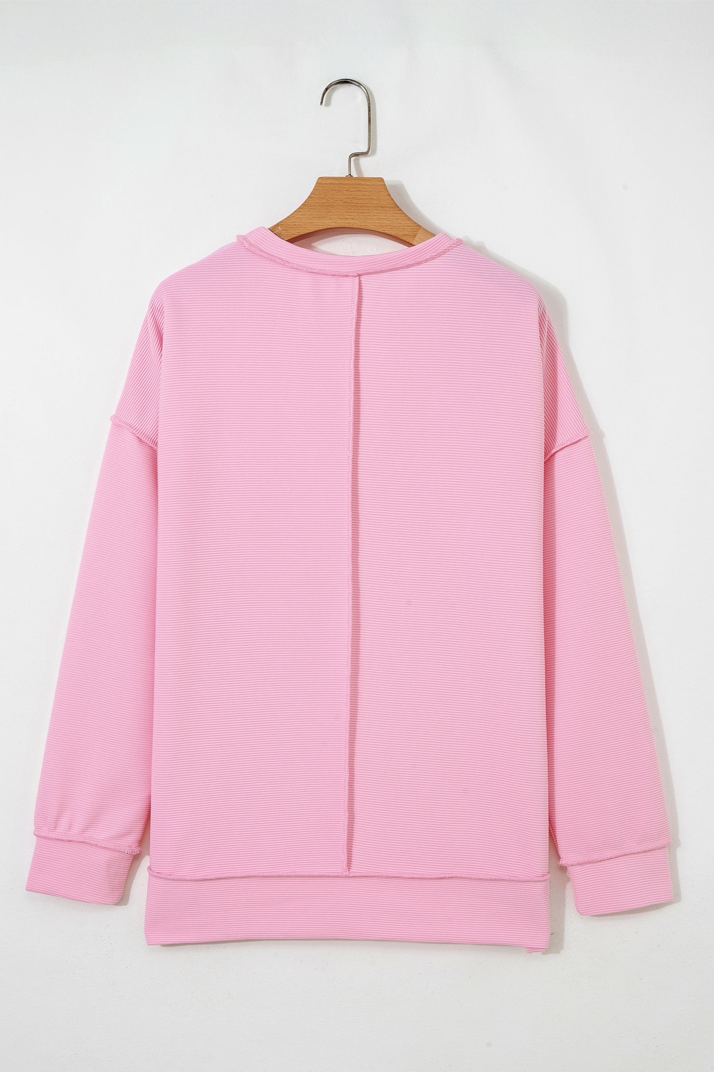 Pink Horizontal Ribbed Exposed Seam Detail Drop Shoulder Baggy Pullover - Cowaa