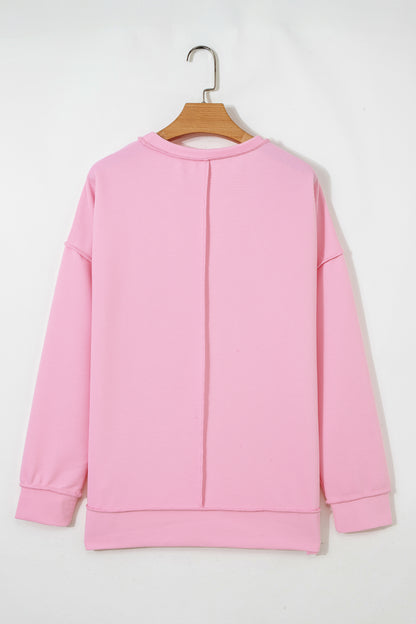 Pink Horizontal Ribbed Exposed Seam Detail Drop Shoulder Baggy Pullover - Cowaa