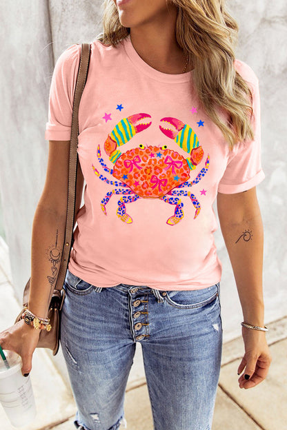 Pink Vibrant Crab Print Casual Round Neck T Shirt