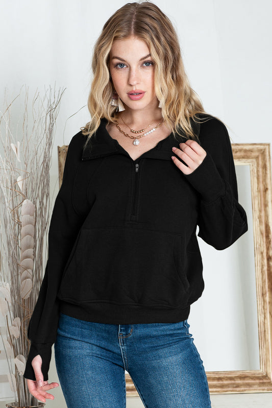 Brown Zip Up Stand Collar Thumbhole Sleeve Sweatshirt - Cowaa