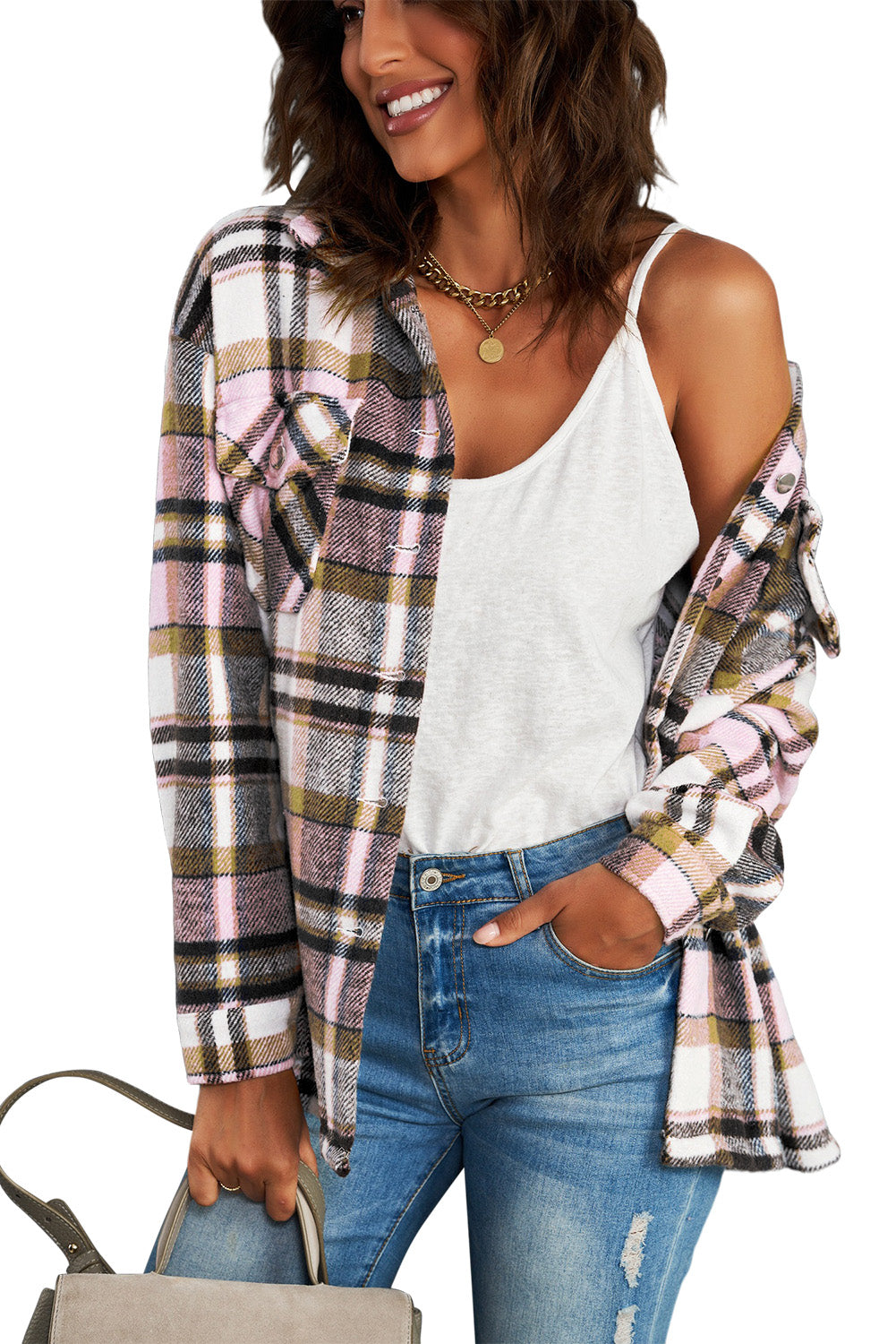 Plaid Button Front Pocket Shirt Shacket - Cowaa