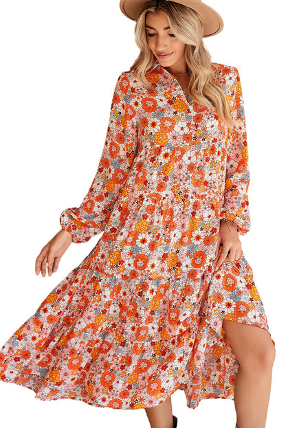 Multicolor Boho Floral Collared Long Sleeve Dress - Cowaa