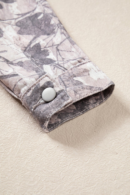 Gray Abstract Camo Print Colorblock Collar Oversized Shift Silhouette Denim Jacket