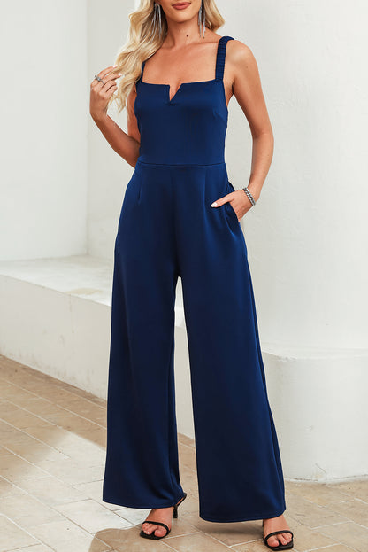 Blue Notched Neck Smocked Back Wide Leg Sleeveless Jumpsuit