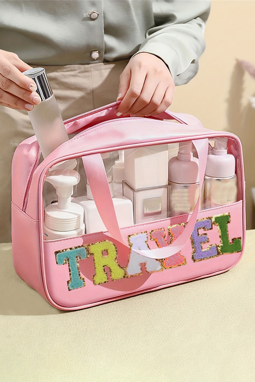 Travel Chenille Letter Clear PVC Makeup Bag - Cowaa