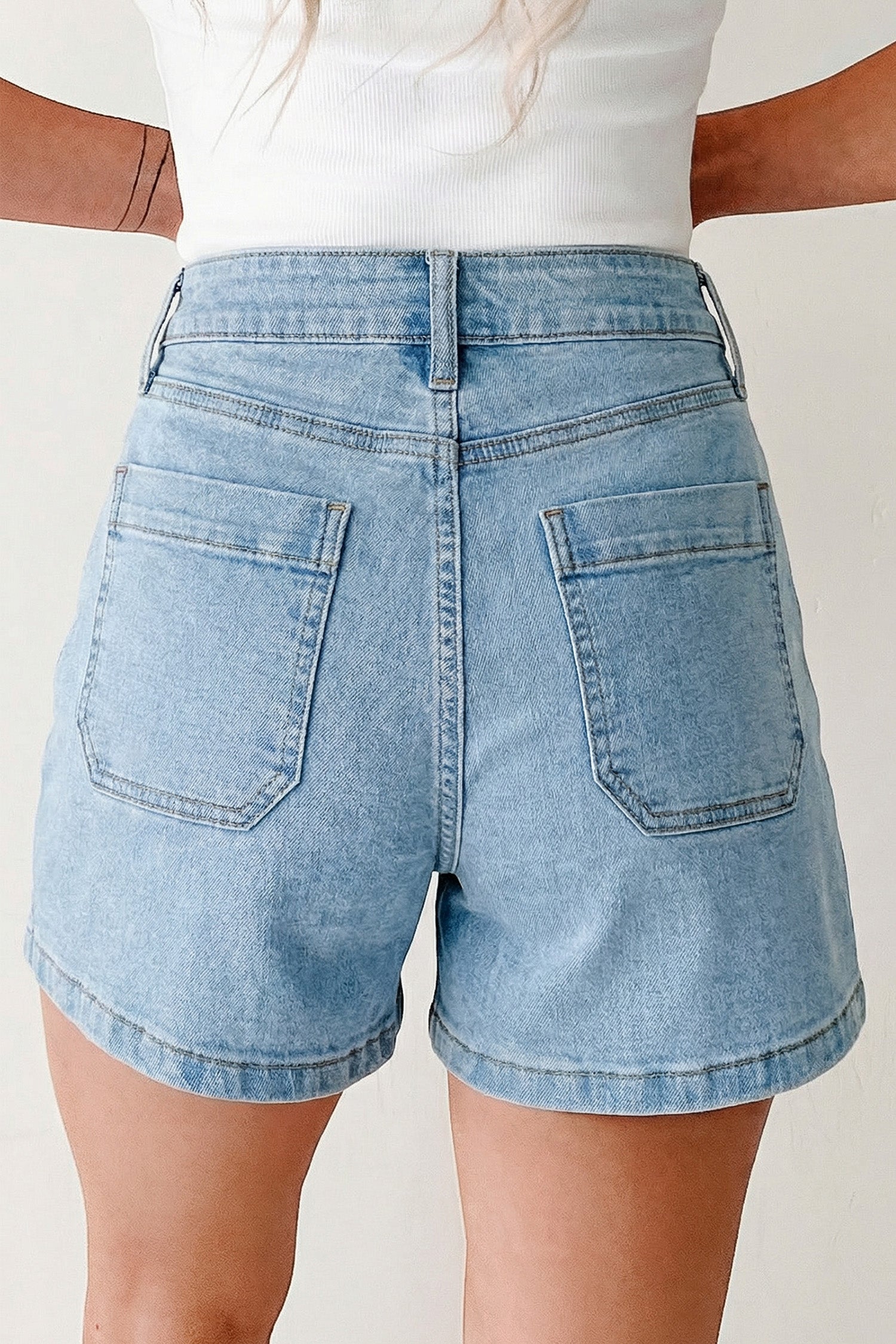 Myosotis High Rise Patch Pocket Denim Shorts.