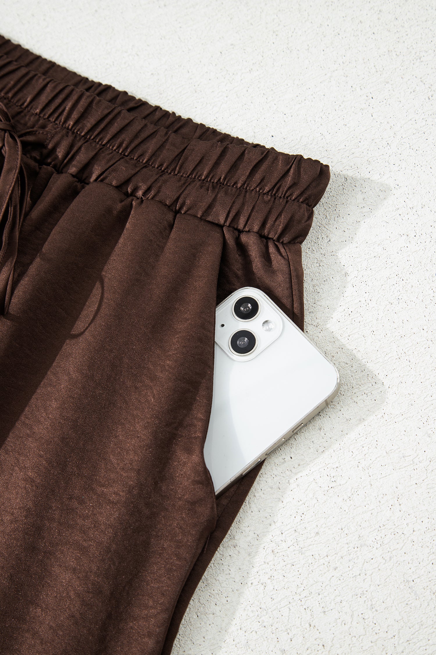 Dark Brown Braided V Neck Long Sleeve Loose Top and Drawstring High Waist Pants 2pcs Outfit - Cowaa