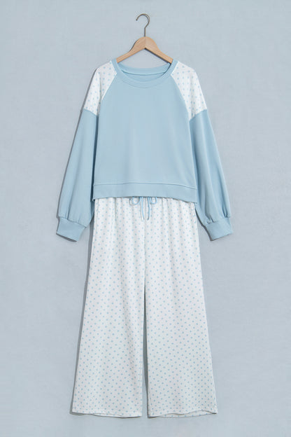 Light Blue Polka Dot Patchwork Colorblock Long Sleeve Casual Two Piece Pants Set