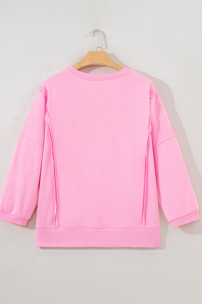 Pink Floral Bow Patched Exposed Seam Patchwork Slit Baggy Sweatshirt - Cowaa