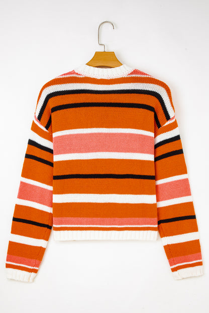 Orange Stripe Drop Shoulder Cropped Pullover Sweater