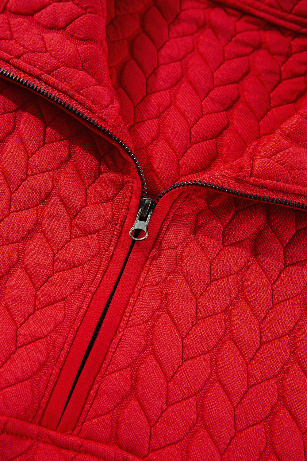 Tomato Red Cable Textured Quarter Zip Pocketed Plus Size Pullover - Cowaa