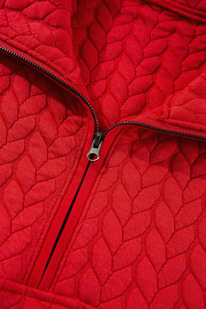 Tomato Red Cable Textured Quarter Zip Pocketed Plus Size Pullover - Cowaa