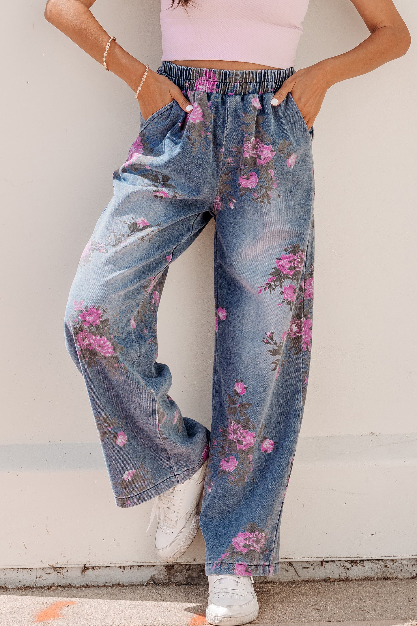 Beau Blue Floral Print Elastic Waist Pull On Casual Jeans - Cowaa