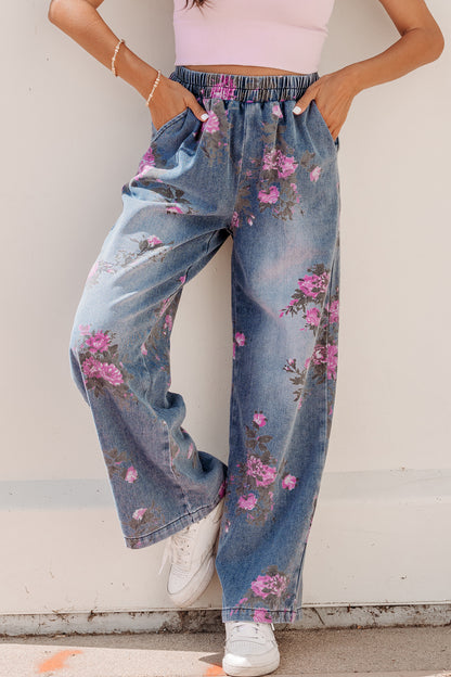 Beau Blue Floral Print Elastic Waist Pull On Casual Jeans - Cowaa