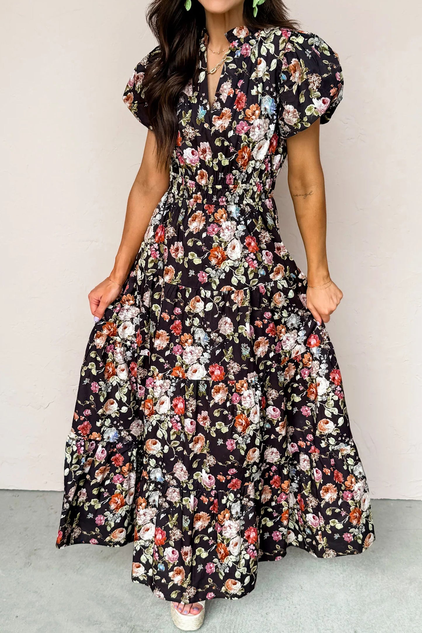 Black Floral Print V Neck Pleated Tiered Maxi Dress - Cowaa