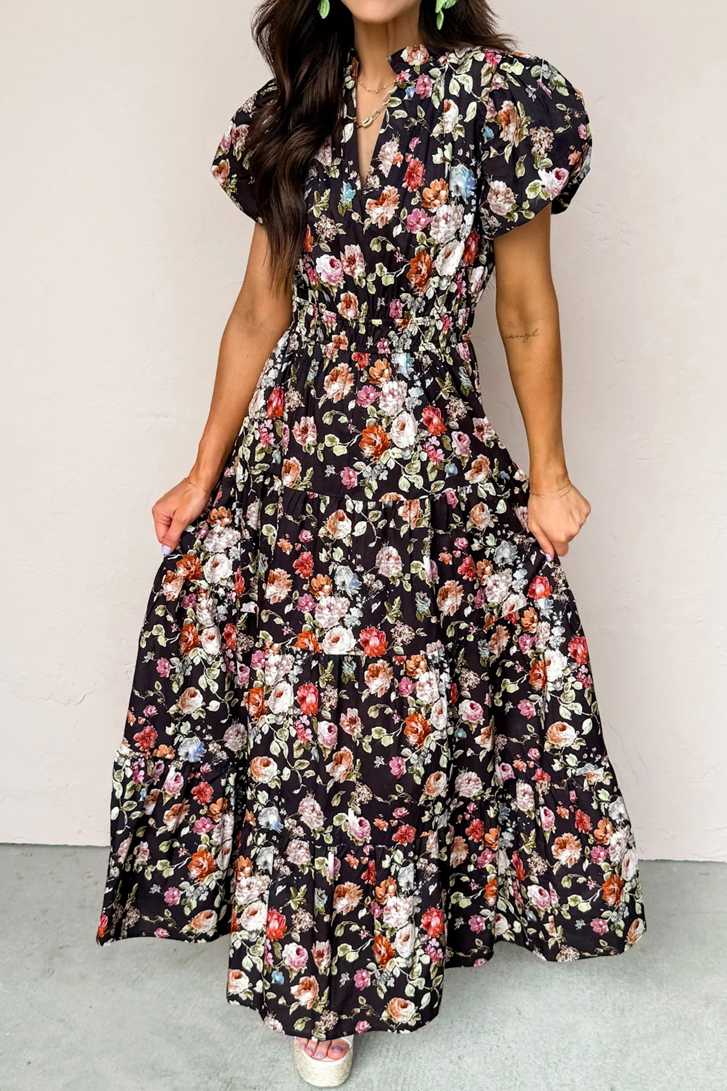 Black Floral Print V Neck Pleated Tiered Maxi Dress - Cowaa