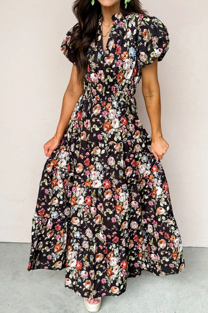 Black Floral Print V Neck Pleated Tiered Maxi Dress - Cowaa