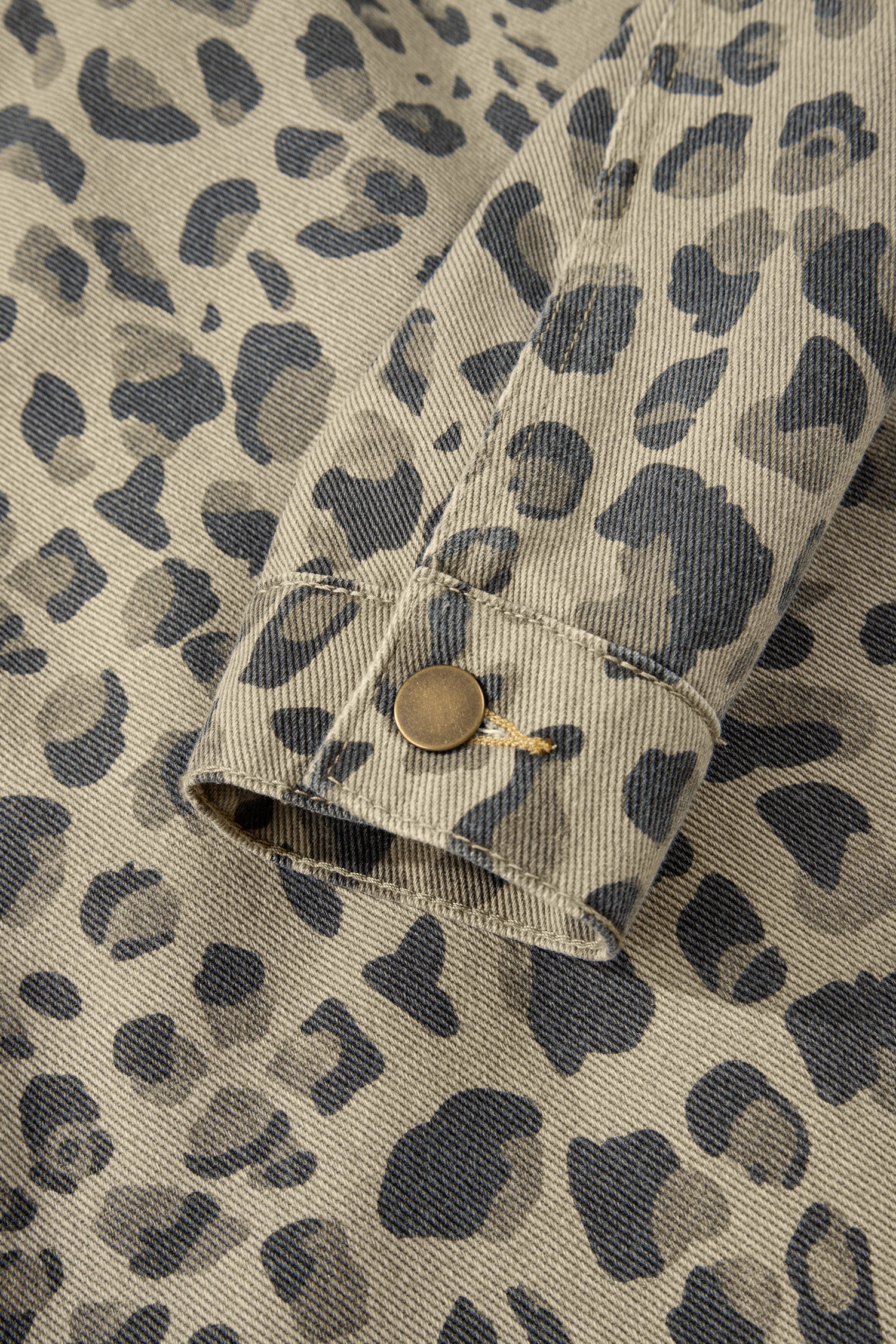 Khaki Retro Leopard Print Seam Detail Button Down Denim Jacket - Cowaa