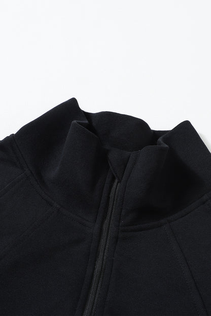 Brown Zip Up Stand Collar Thumbhole Sleeve Sweatshirt - Cowaa