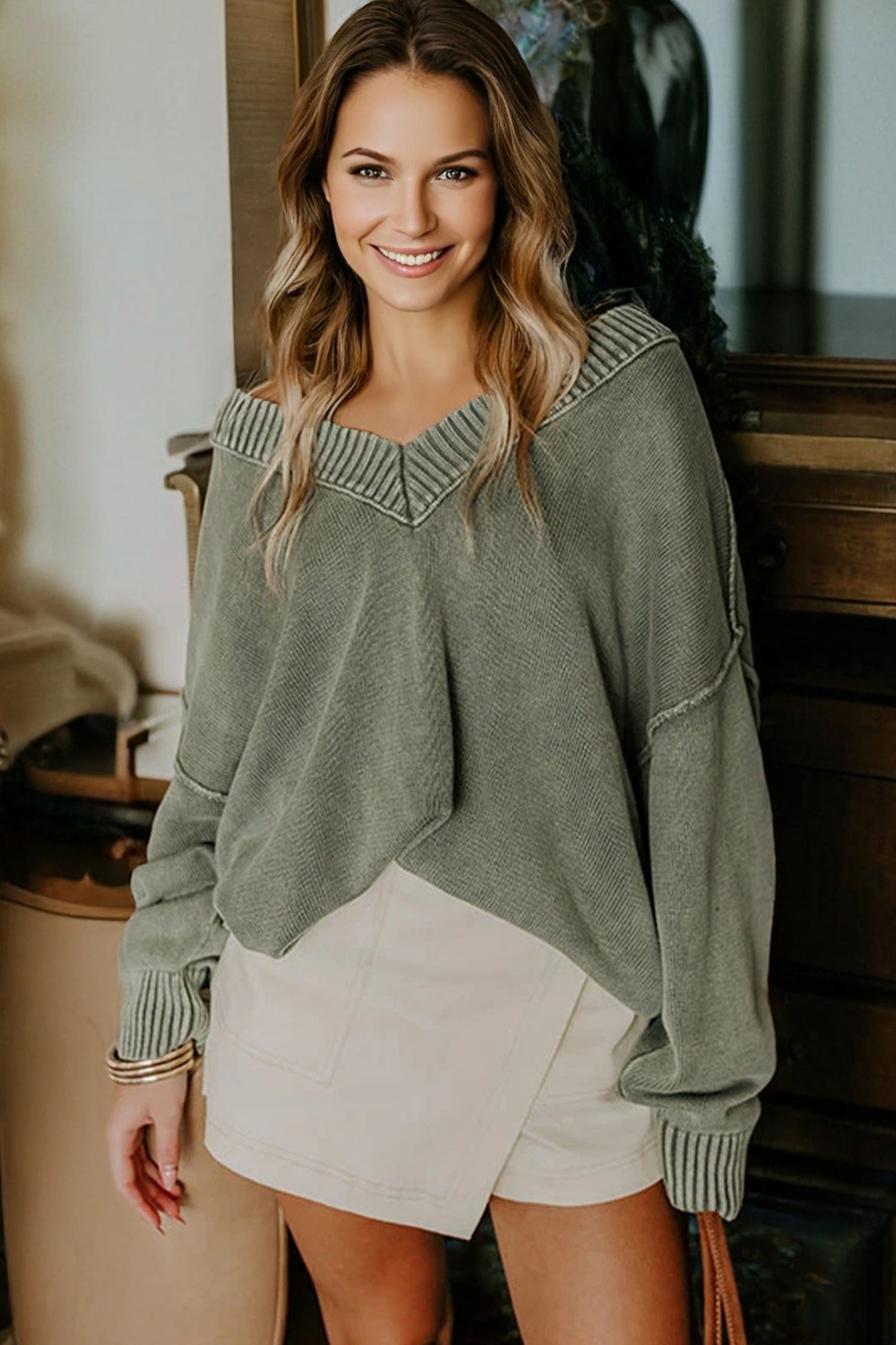 Four Leaf Clover Mineral Wash V Neck Knit Exposed Seam Drop Shoulder Loose Sweater - Cowaa