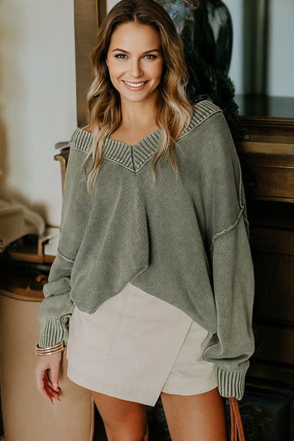 Four Leaf Clover Mineral Wash V Neck Knit Exposed Seam Drop Shoulder Loose Sweater - Cowaa