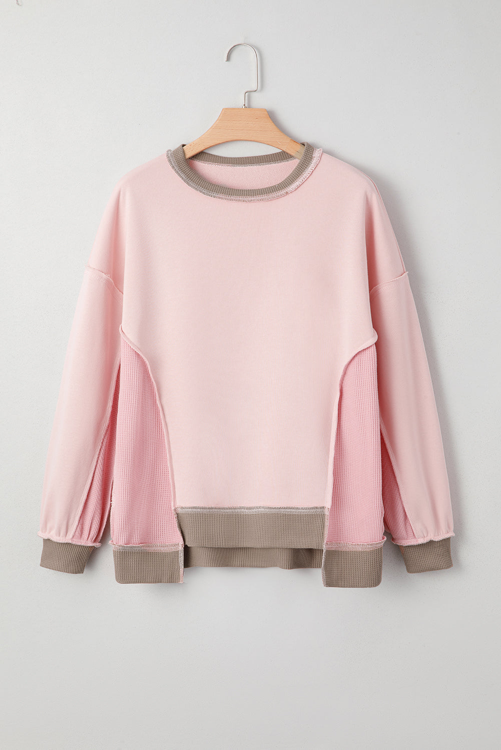 Light Pink Colorblock Waffle Patchwork Oversize Sweatshirt - Cowaa