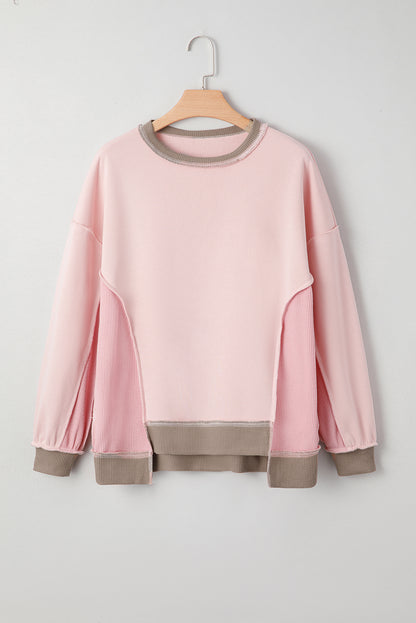 Light Pink Colorblock Waffle Patchwork Oversize Sweatshirt - Cowaa