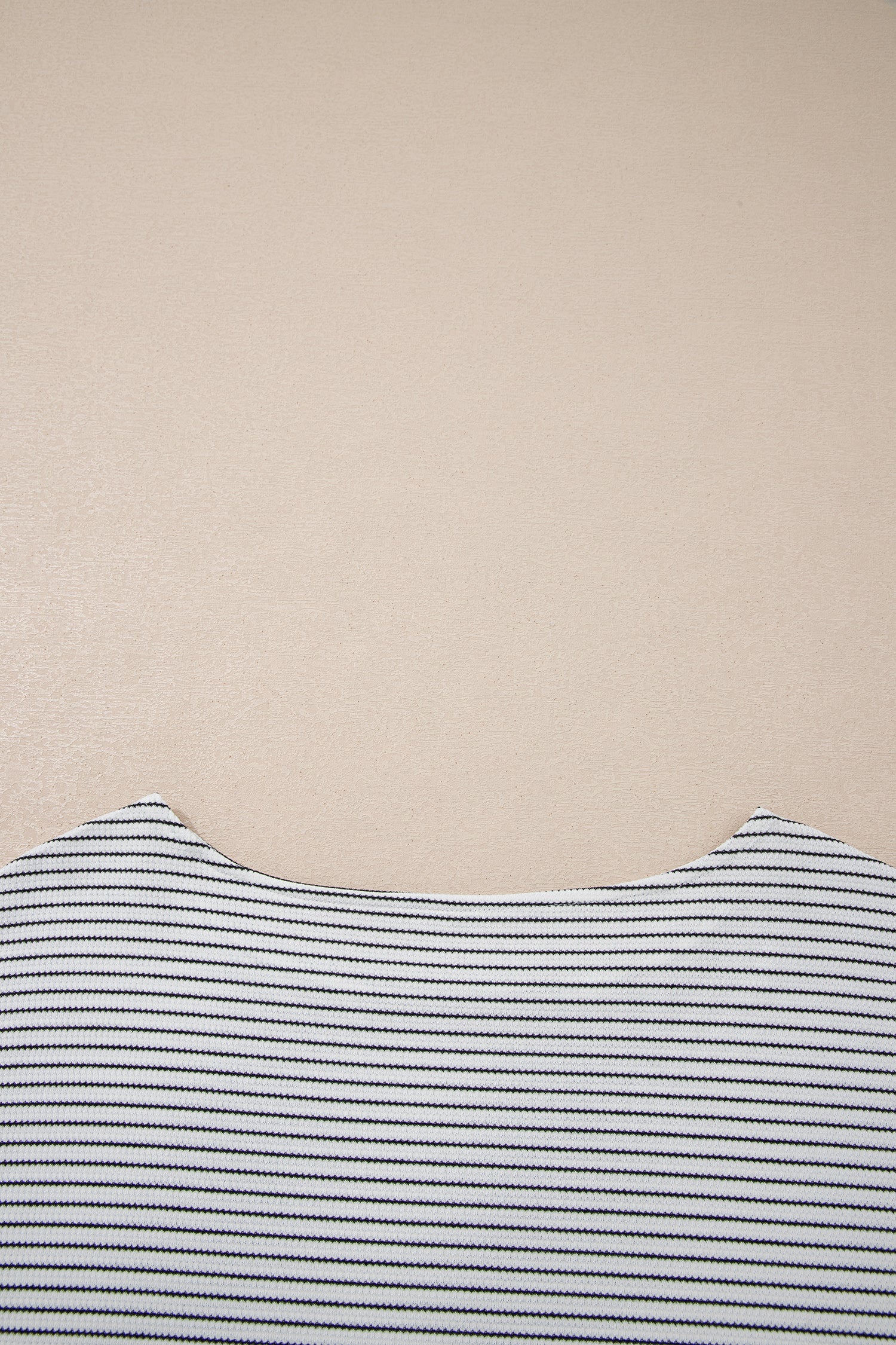 White Stripe Contrasted Ruffle Trim Loose Long Sleeve Top - Cowaa