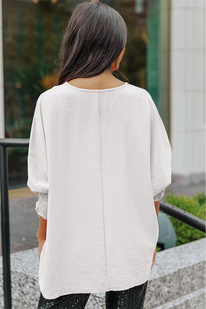 Apricot Solid Casual Smocked Cuffs Batwing Sleeve Blouse - Cowaa