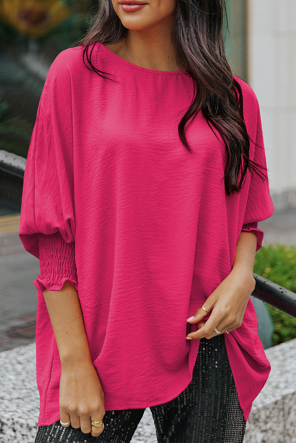 Apricot Solid Casual Smocked Cuffs Batwing Sleeve Blouse - Cowaa