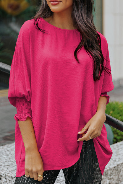 Apricot Solid Casual Smocked Cuffs Batwing Sleeve Blouse - Cowaa