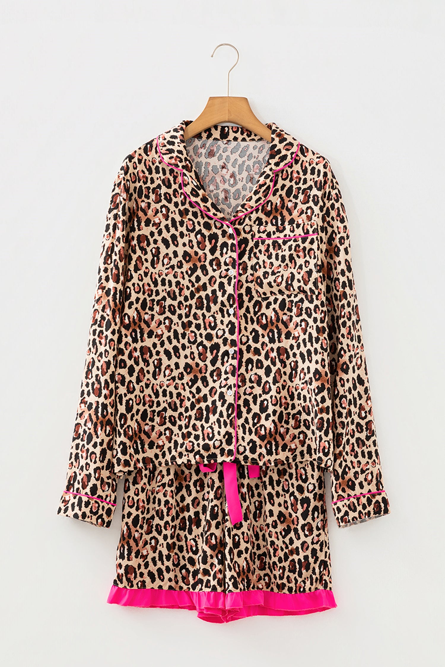 Light French Beige Leopard Print Contrast Trim Long Sleeve Shirt Drawstring Ruffle Hem Short Set - Cowaa