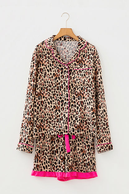Light French Beige Leopard Print Contrast Trim Long Sleeve Shirt Drawstring Ruffle Hem Short Set - Cowaa