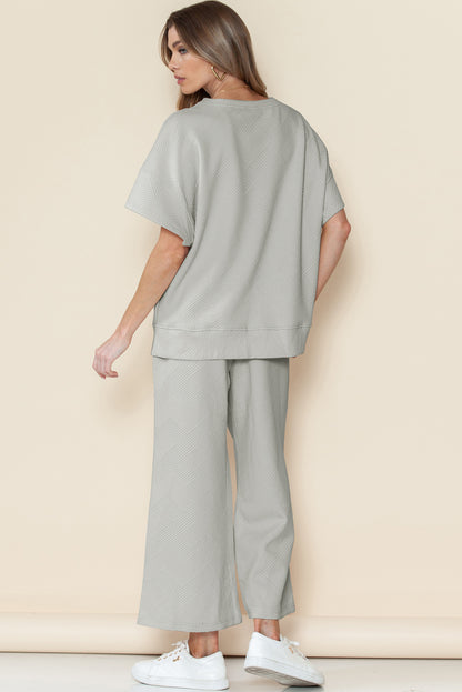 Navy Blue Textured Loose Fit T Shirt and Drawstring Pants Set - Cowaa