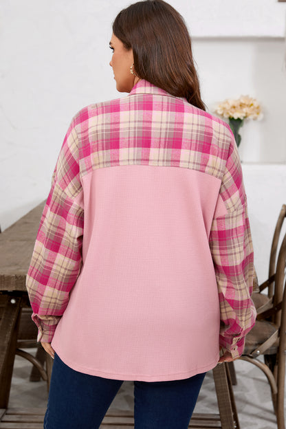 Pink Waffle Patch Pocket Plaid Patchwork Plus Size Shirt