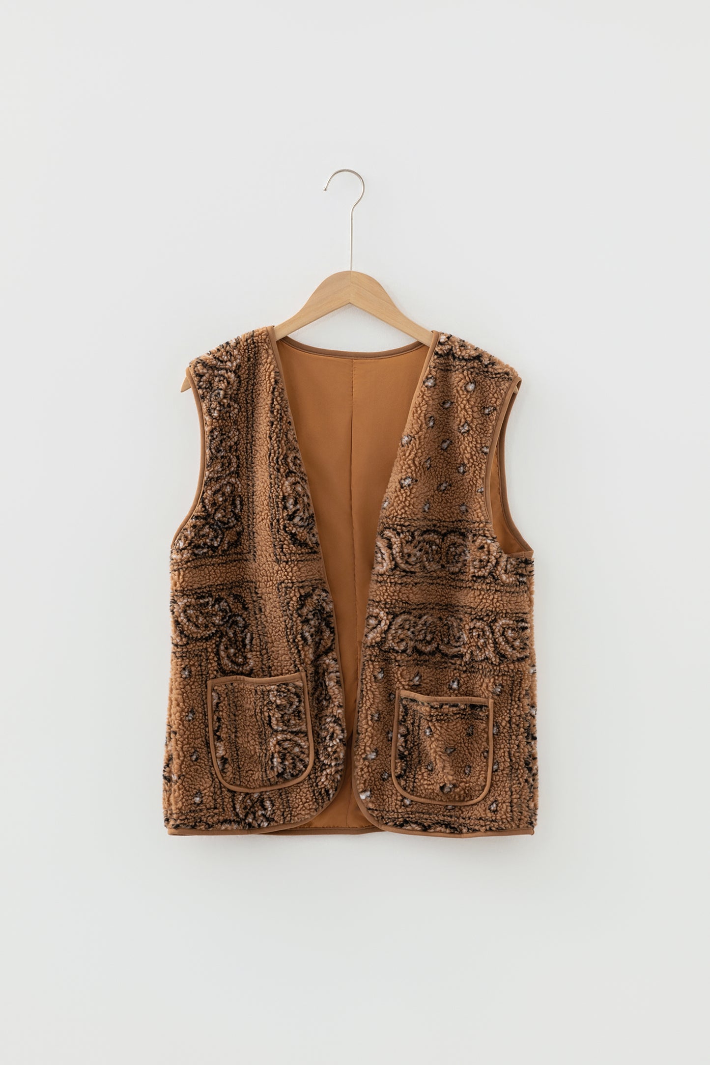 Brown Sherpa Paisley Print Pocketed Western Fashion Vest Jacket - Cowaa