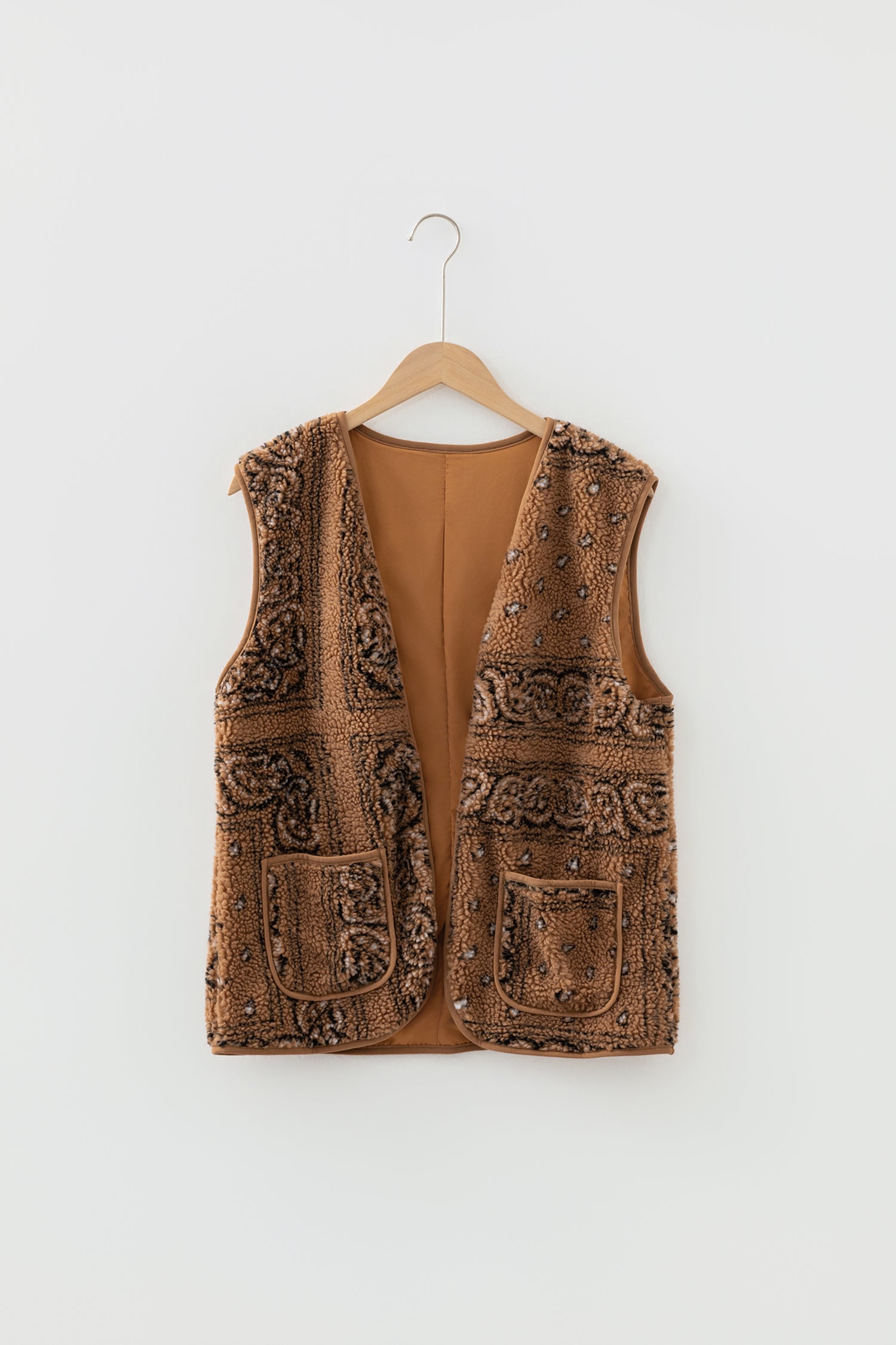 Brown Sherpa Paisley Print Pocketed Western Fashion Vest Jacket - Cowaa