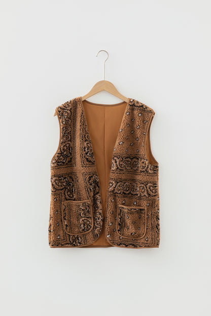Brown Sherpa Paisley Print Pocketed Western Fashion Vest Jacket - Cowaa
