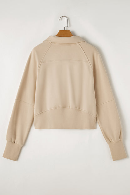 Brown Zip Up Stand Collar Thumbhole Sleeve Sweatshirt - Cowaa