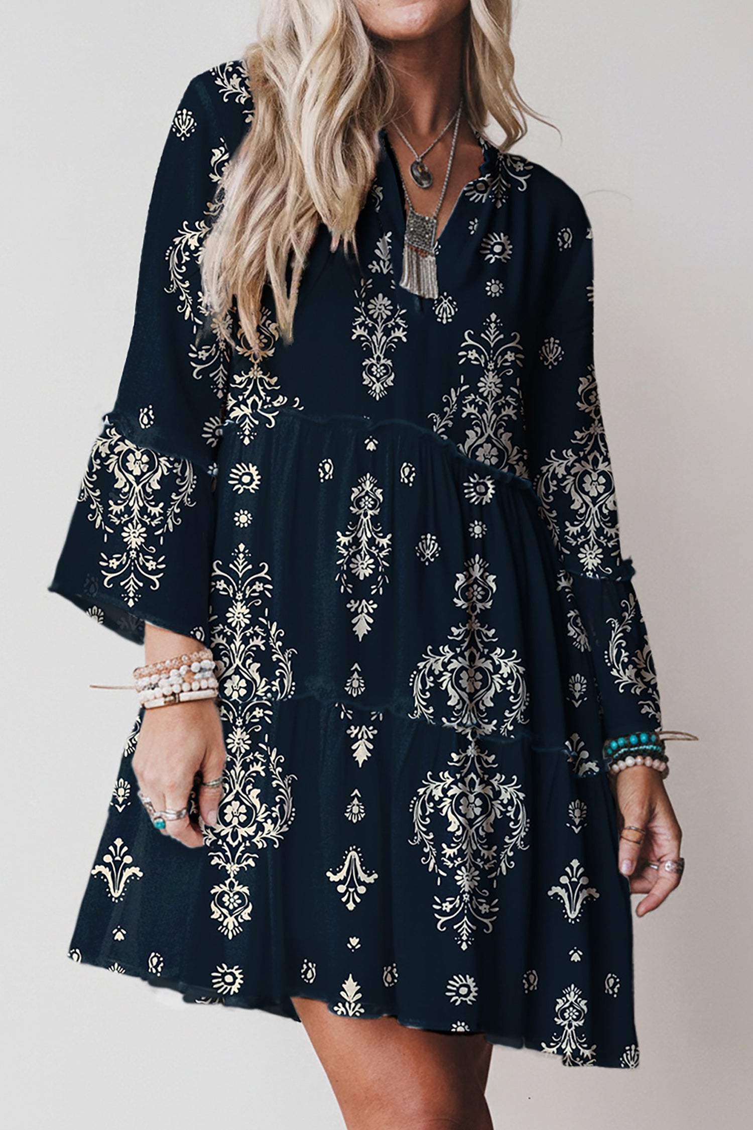 Blue Boho Floral Print Lettuce Trim 3/4 Sleeve Mini Dress - Cowaa